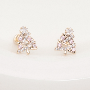 バーベルピアス クリスマスツリー ラインストーン ステンレス製 メッキ加工 デザインピアス 約8×10mm（1ペア）