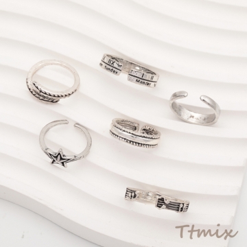 デザインリング 細身 バリエーション豊富 ヴィンテージ風 アンティークシルバー メタルリング オープンリング 全6種（1個）