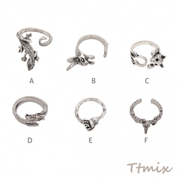 デザインリング アニマルモチーフ ヴィンテージ風 アンティークシルバー メタルリング オープンリング 全6種（1個）