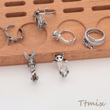 デザインリング アニマルモチーフ ヴィンテージ風 アンティークシルバー メタルリング オープンリング 全6種（1個）