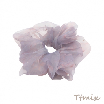 シュシュ グラデーションパープル＆ブルー シアーチュール パール付き 髪飾り 髪留め ヘアゴム ヘアアクセサリー（1ヶ）