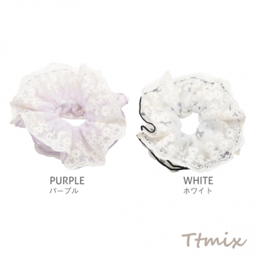 シュシュ リボン柄 2層レース フラワーモチーフ パール付き 髪飾り 髪留め ヘアゴム ヘアアクセサリー（1ヶ）