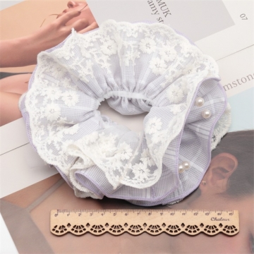 シュシュ 2層デザイン チェック柄 パール付き 髪飾り 髪留め ヘアゴム ヘアアクセサリー（1ヶ）