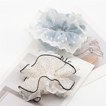 シュシュ チェック＆ドット柄 2層レース フラワーモチーフ パール付き 髪飾り 髪留め ヘアゴム ヘアアクセサリー（1ヶ）