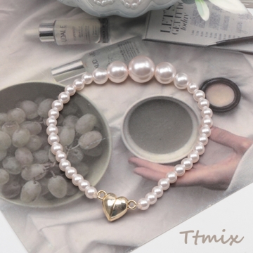 ブレスレット 高品質フェイクパール サイズグラデーション ガラスパール ハート型マグネット付き 長さ約19cm 8mm（1本）