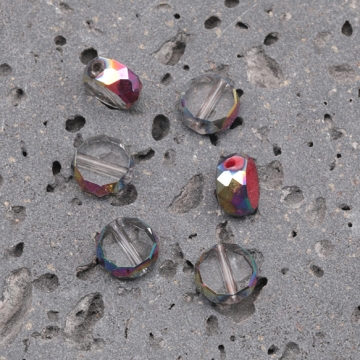 ガラスビーズ コイン型 レガラスビーズ コイン型 レッド/クリア オーロラメッキの縁 多面カット 研磨加工 フラットビーズ 約10mm（4ヶ）