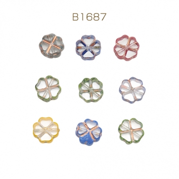 ガラスビーズ 四つ葉のクローバー クリア ピカソ風カラーの縁 研磨加工 フラットビーズ 約10mm（4ヶ）