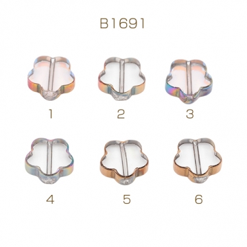 ガラスビーズ 五弁花 クリア オーロラメッキの縁 研磨加工 フラットビーズ 約12mm（4ヶ）