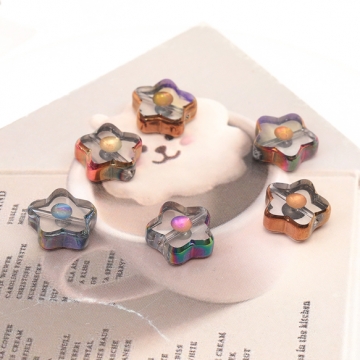 ガラスビーズ 星形 クリア オーロラメッキの縁 研磨加工 フラットビーズ 約11mm（4ヶ）