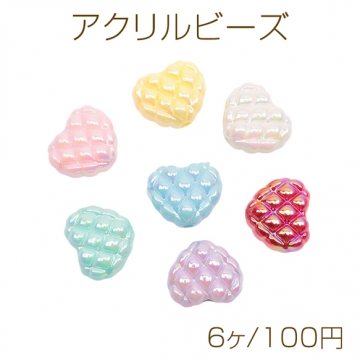 アクリルビーズ ぷっくりワッフル風ハート リボン模様 縦穴 オーロラカラー カラーランダム 約17×20mm（6ヶ）
