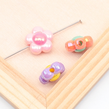 アクリルビーズ ぷっくりフラワー バイカラー 縦穴 オーロラカラー カラーランダム 約16mm（10ヶ）