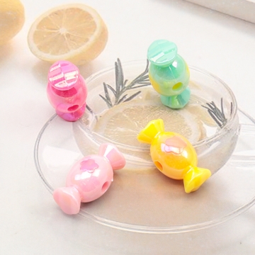 アクリルビーズ ぷっくりキャンディ フラワー模様 縦穴 オーロラカラー カラーランダム 約10×20mm（10ヶ）