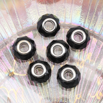 スペーサービーズ 多面カット ブラック 樽型 ラウンド ロンデル風 大穴 アクリルビーズ メタルパーツ 約14mm（15ヶ）