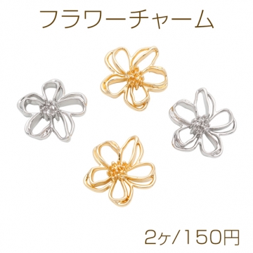 フラワーチャーム 手書風 フラワーモチーフ お花 透かしチャーム メタルフレームパーツ 約25mm（2ヶ）