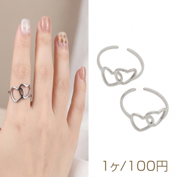 ステンレスリング ダブルハート ロジウムカラー 指輪 デザインリング オープンリング 内径約18mm（1ヶ）