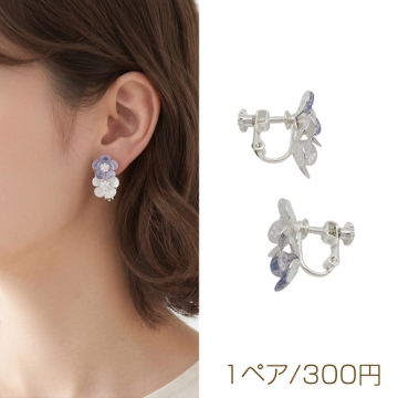 デザインイヤリング 二連フラワー ジルコニア付き 花びら お花 シルバーカラー 約13mm（1ペア）