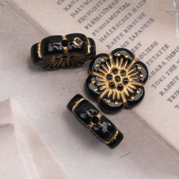 アクリルビーズ フラワーモチーフ 金彩 ブラック 花ビーズ バロック風 アンティーク調 約13mm（30ヶ）